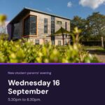 The modern teaching building at Prior Pursglove College on a sunny day. Text reads new student parents’ evening, Wednesday 16 September, 5.30pm to 6.30pm.