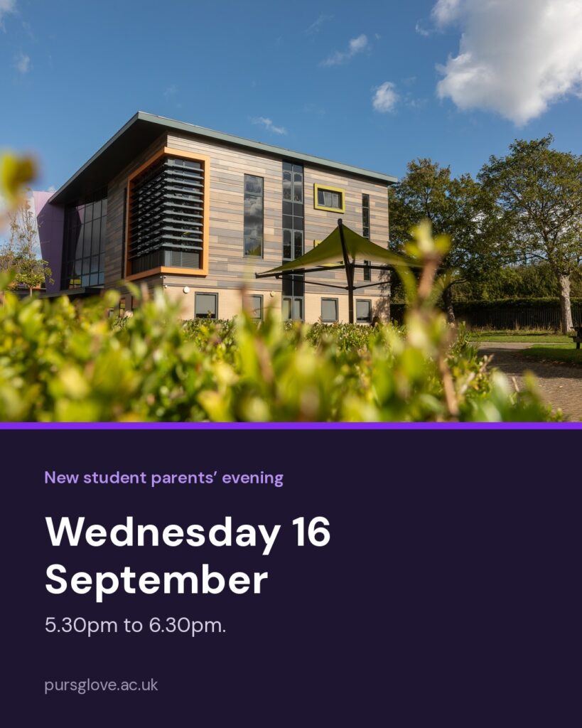 The modern teaching building at Prior Pursglove College on a sunny day. Text reads new student parents’ evening, Wednesday 16 September, 5.30pm to 6.30pm.